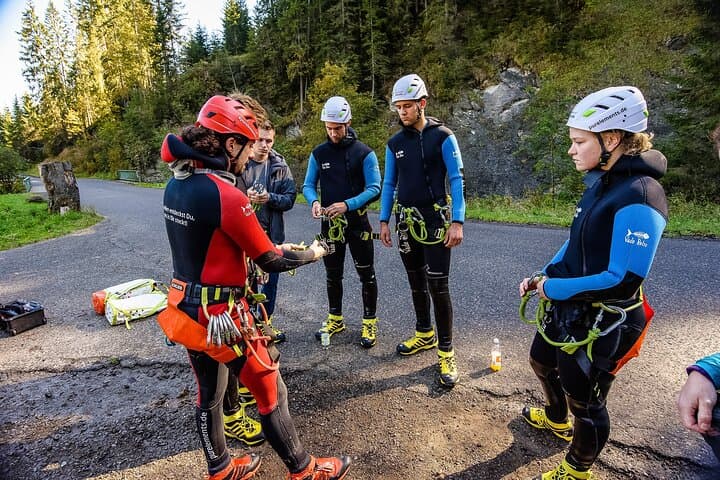 Sporty canyoning in Kleinwalsertal in the Schwarzwasserbach