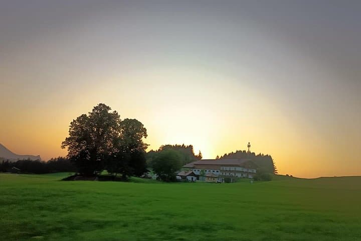 The sun dips low, painting the trees and rooftops in whispers of gold.