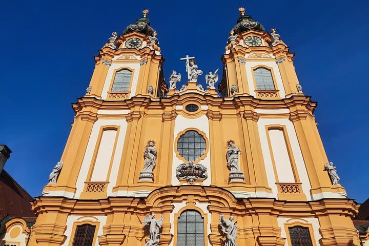 The towering spires of the Melk Abbey Church.