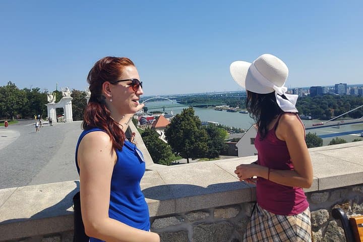 guided tour with local guide at Bratislava Castle viewpoint - view of UFO tower with Danube