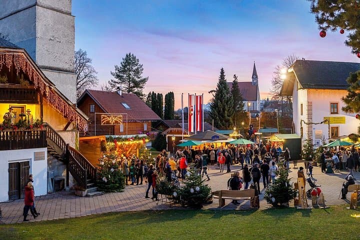 Charming Christmas market in Oberndorf, filled with festive stalls and holiday spirit near the Silent Night Chapel.
